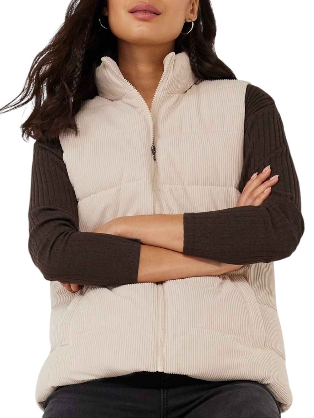 TIME AND TRU Quilted Corduroy Vest in Bare Beige